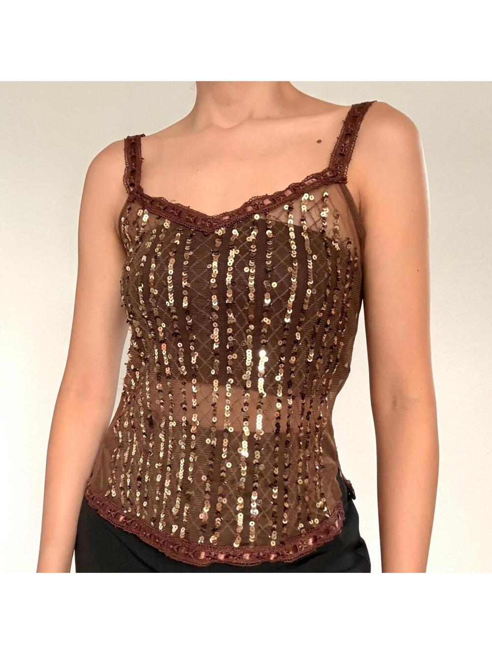 Y2K NWTs deadstock brown & gold sequin mesh top with lace trim